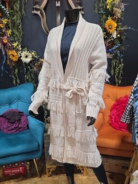 Chelsea & Violet Blush Cream Fringe Tie-Belt Open Cardigan